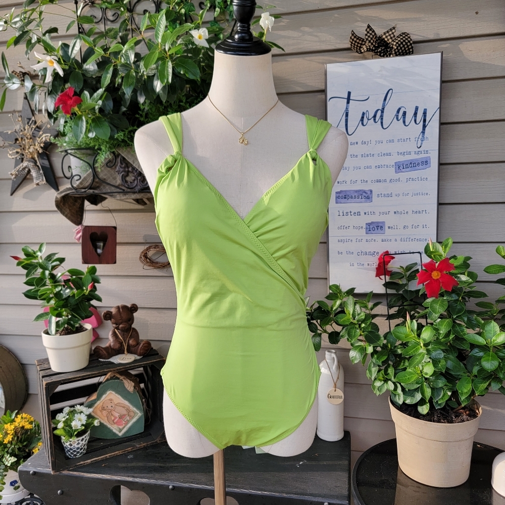 GOTTEX SILVER ♡ Gorgeous 1pc Lime Green Low V Front Cross Wrap Lined Swimsuit 12